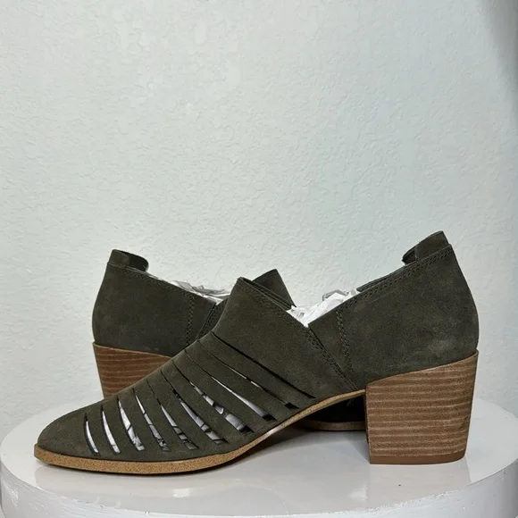 1. STATE ARNET OLIVE SUEDE LASER CUT POINTED TOE HEELED ANKLE BOOTIE - Picture 8 of 14